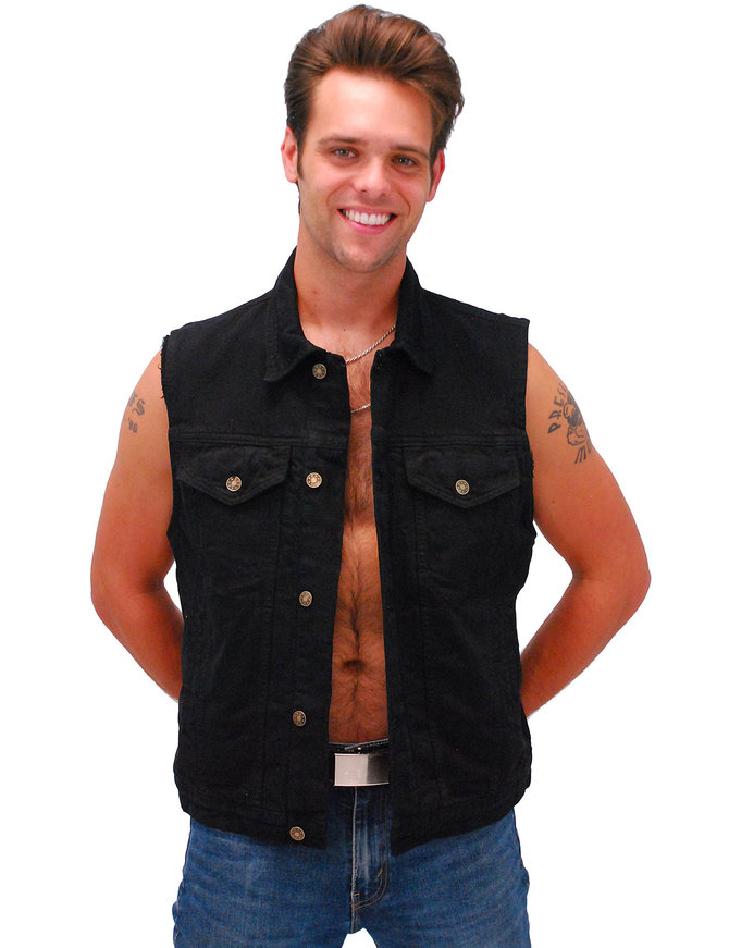 Black Denim Button Up Club Vest w/Concealed Pocket & Collar