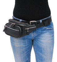 Black Cowhide Leather Waist Bag w/Silver Zippers #FP30780SK