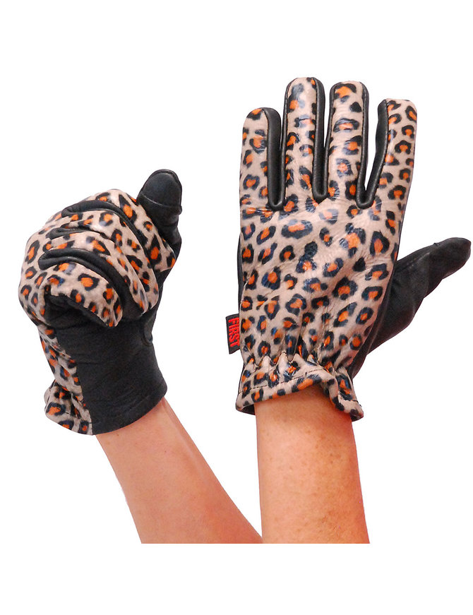First MFG Women's Leopard Leather Motorcycle Gloves #GL3015LEOP