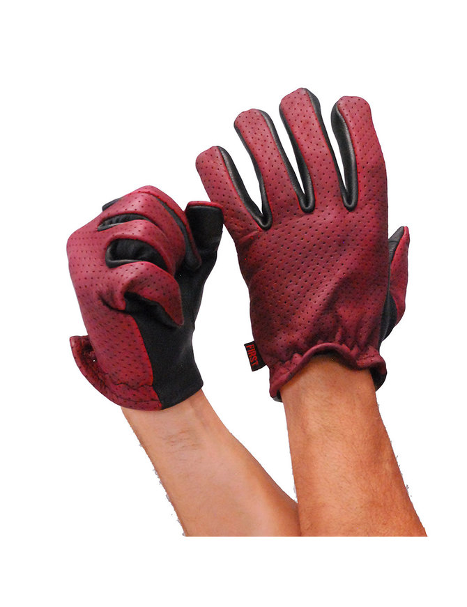 First MFG Red/Black Leather Vented Motorcycle Gloves #GM218VBG