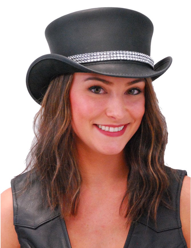 Crystal Band Black Leather Top Hat #H56505KCRY