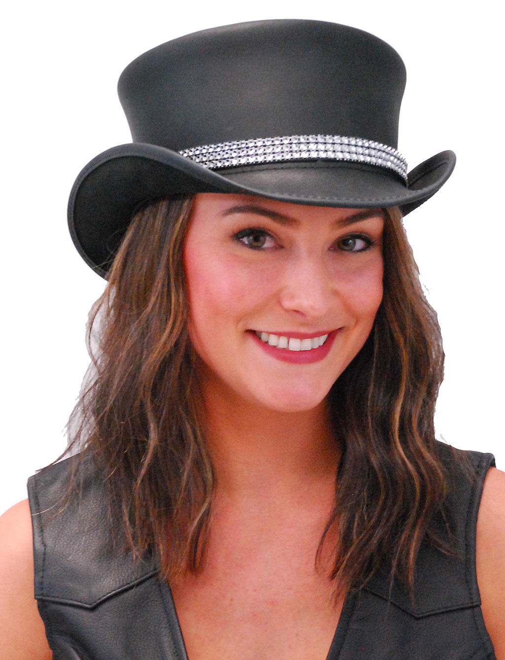 Crystal Band Black Leather Top Hat 