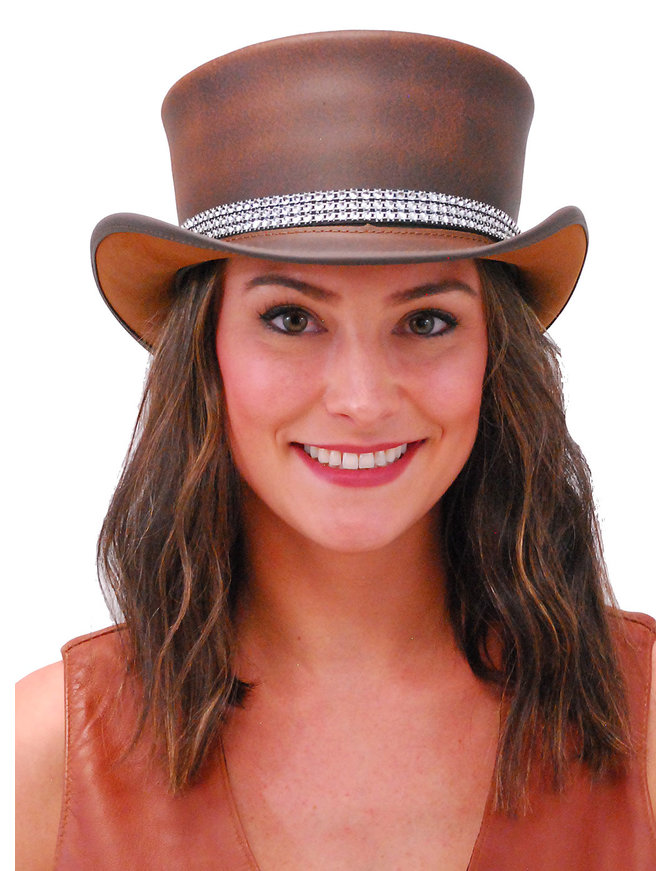 Crystal Band Brown Leather Tophat #H56515NCRY