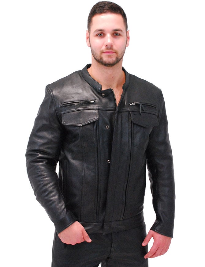 First MFG No Collar Men's Vented Concealed Pocket Motorcycle Jacket #M263GVZK