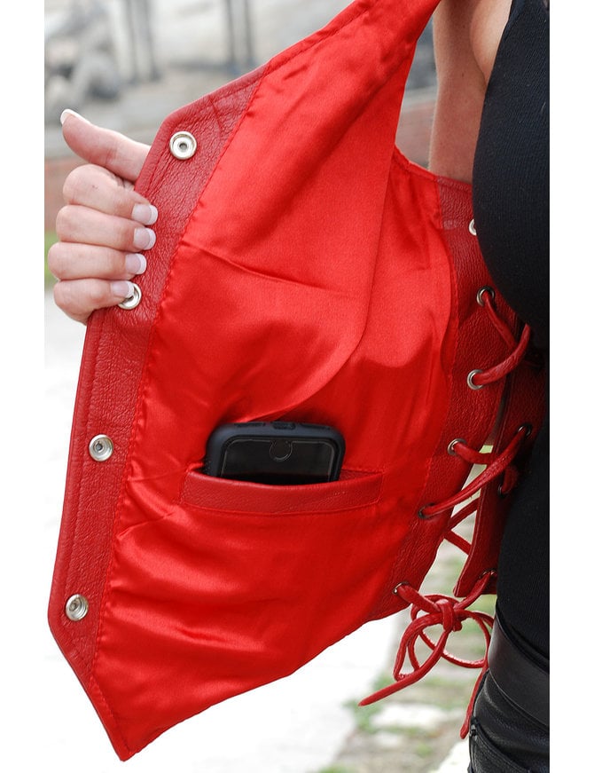 Red Leather Women's Vest w/Side Lace #VL3393LRED