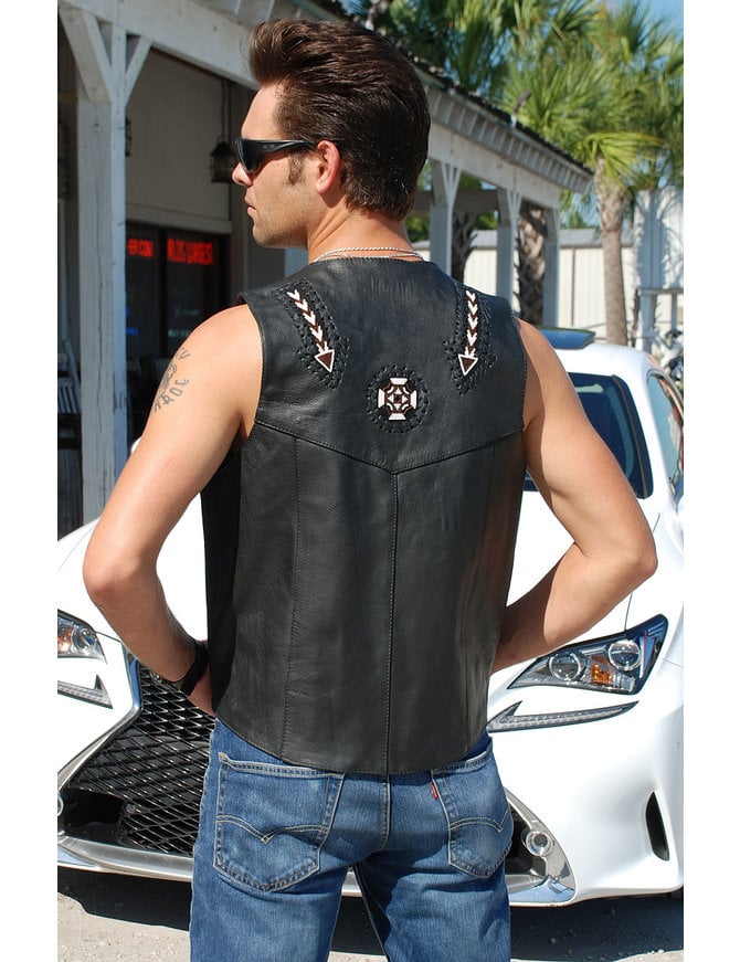 Unik Hand Lace and Indian Bead Inlay Men's Leather Vest #VM641BDK