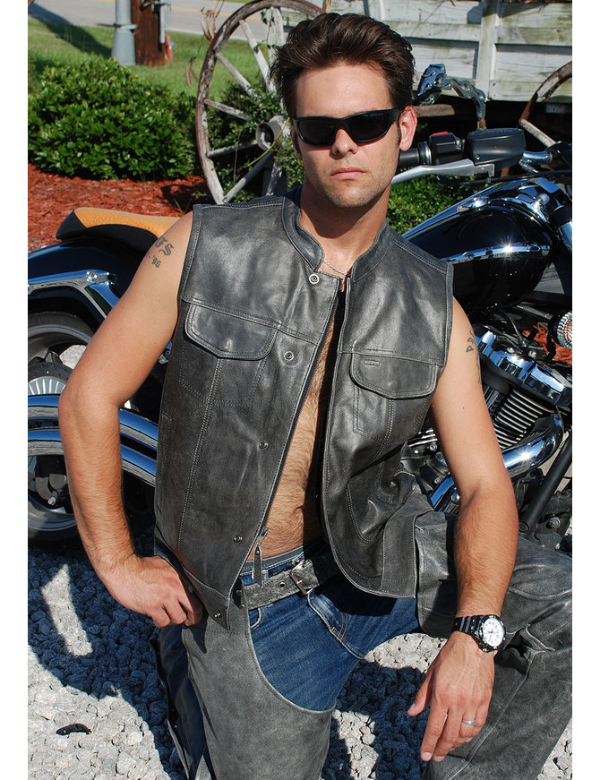 Vintage Gray Leather Club Vest with Easy Access Pocket #VMA914GY