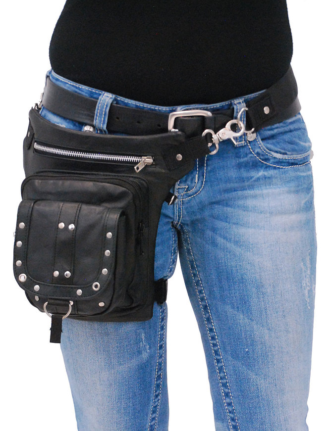 studded leather thigh bag w small concealed pocket