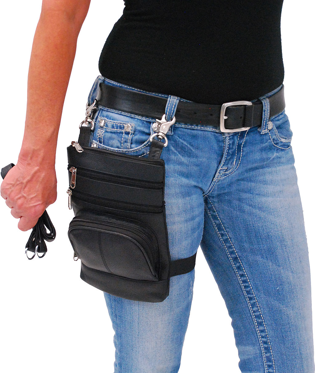 black leather side purse thigh bag hip clip pouch