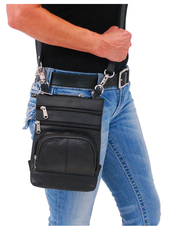 Black Leather Side Purse, Thigh Bag & Hip Clip Pouch #TB830K