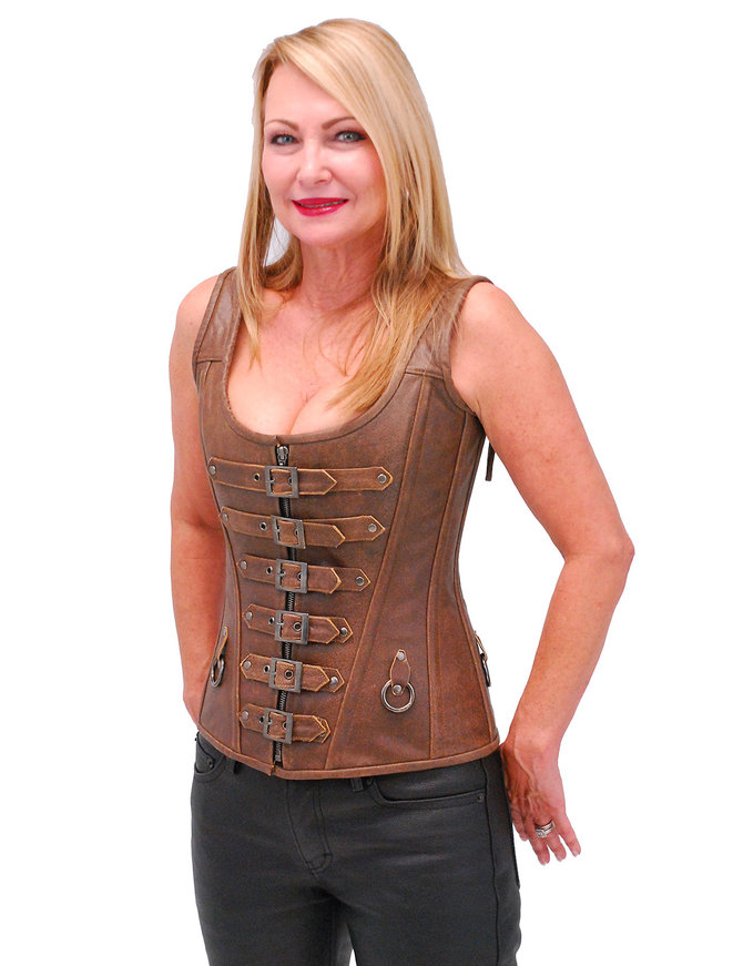 Brown Long Body 6 Buckle Leather Corset w/Boning #LH1319BUCN - Jamin Leather ®