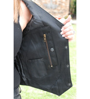 Women's Black Leather Vest with Concealed Pockets #VL2658GK