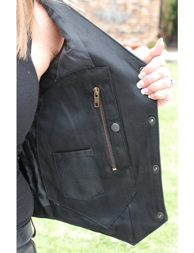 Women's Black Leather Vest with Concealed Pockets #VL2658GK