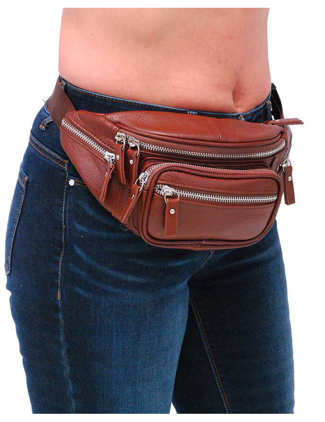 Brown Cowhide Leather Waist Bag w/Silver Zippers #FP30781SN - Jamin Leather™