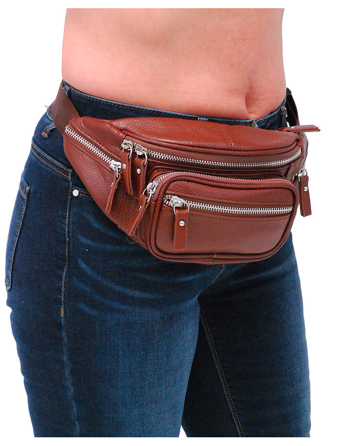 Download Brown Cowhide Leather Waist Bag w/Silver Zippers # ...