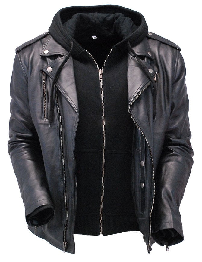 NWOT MISC Black/Gray HOODED Faux Leather MOTO Biker Jacket FULL-ZIP Lined Sz L 