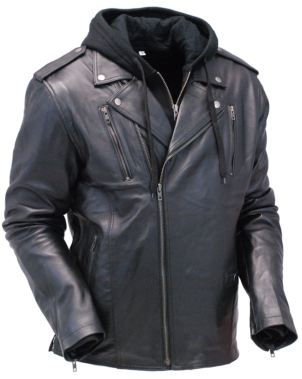 Men's Soft Black Leather Motorcycle Jacket w/Hoodie #M6925VHGK - Jamin ...