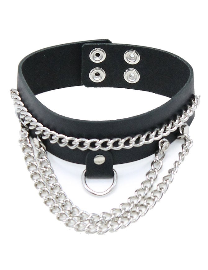 Black and White Leather Collar Choker with 1 Heavy Ring and D Ring Three Sizes 