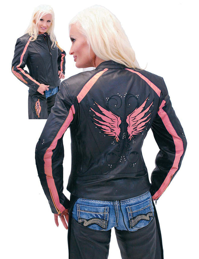 Pink Wings Leather Motorcycle Jacket for Women L5206PINK 