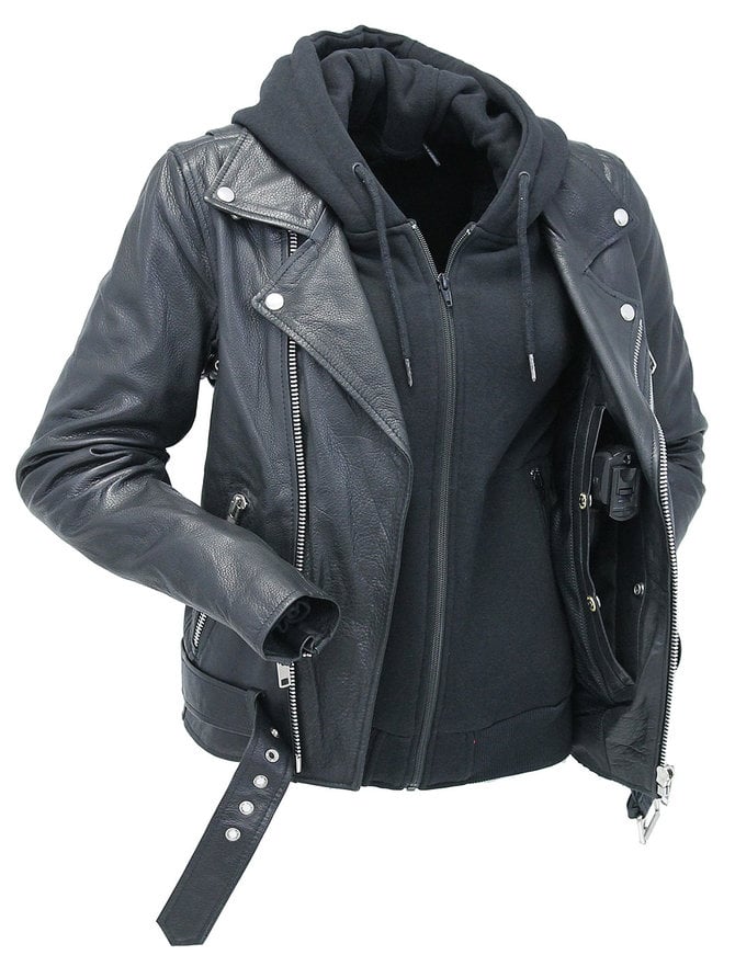 First MFG Women's Naked Leather Motorcycle Jacket with Hoodie #L185NHGK