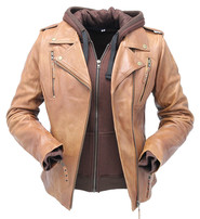 Unik Women's Light Brown Hoodie Motorcycle Jacket #L68411HN