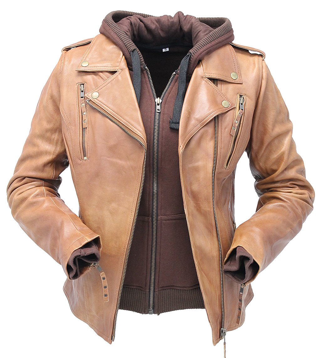 Women's Light Brown Hoodie Motorcycle Jacket #L68411HN - Jamin Leather™