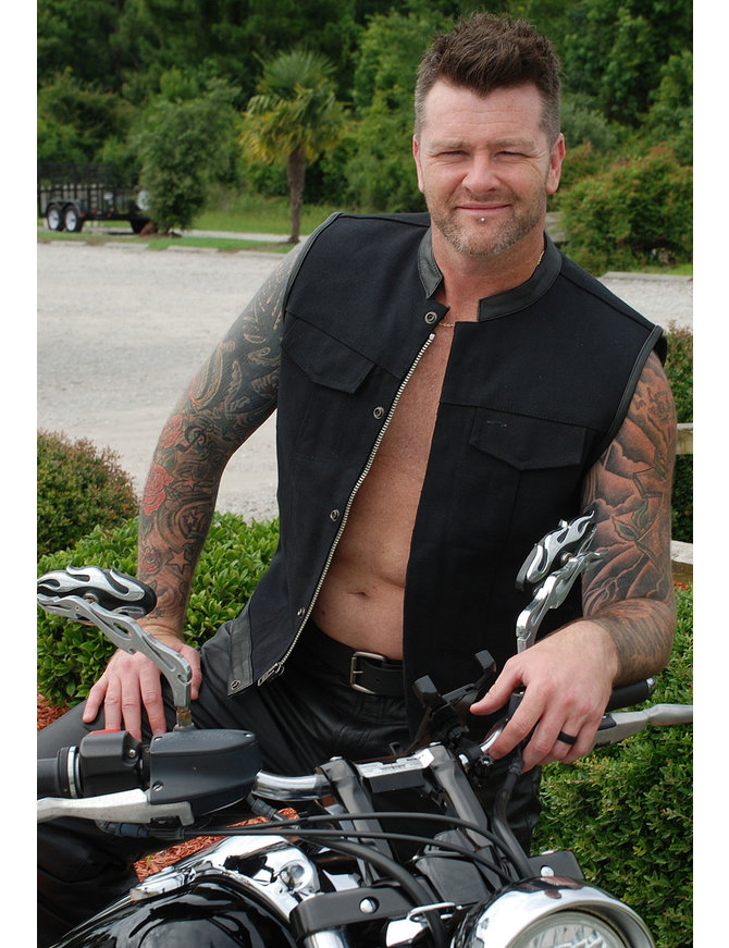 Men's Black Snap Front Motorcycle Biker Denim Vest w/ Shirt Collar