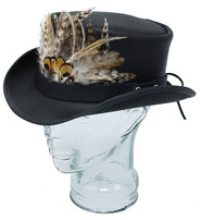 Made in USA Steampunk Black Leather Top Hat w/Large Feather Hatband #H56503XFK