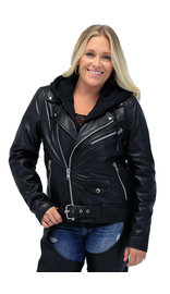 First MFG Women's Ultra Premium Leather Motorcycle Jacket with Hoodie #L185NHGK
