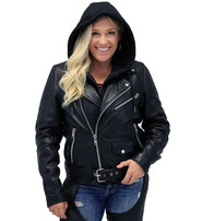 First MFG Women's Naked Leather Motorcycle Jacket with Hoodie #L185NHGK