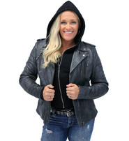 Unik Women's Vintage Gray Leather Motorcycle Jacket w/Hoodie #LA6841VHGY
