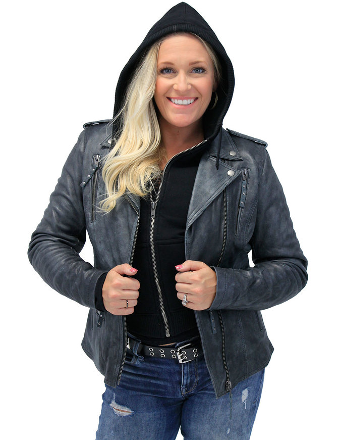 Women's Leather Jean Jacket w/Gray Stitching #L291WK - Jamin Leather®