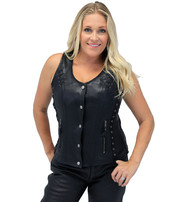 Women's Eyelet Lace Concealed Pocket Black Leather Vest #VL1038EYGK