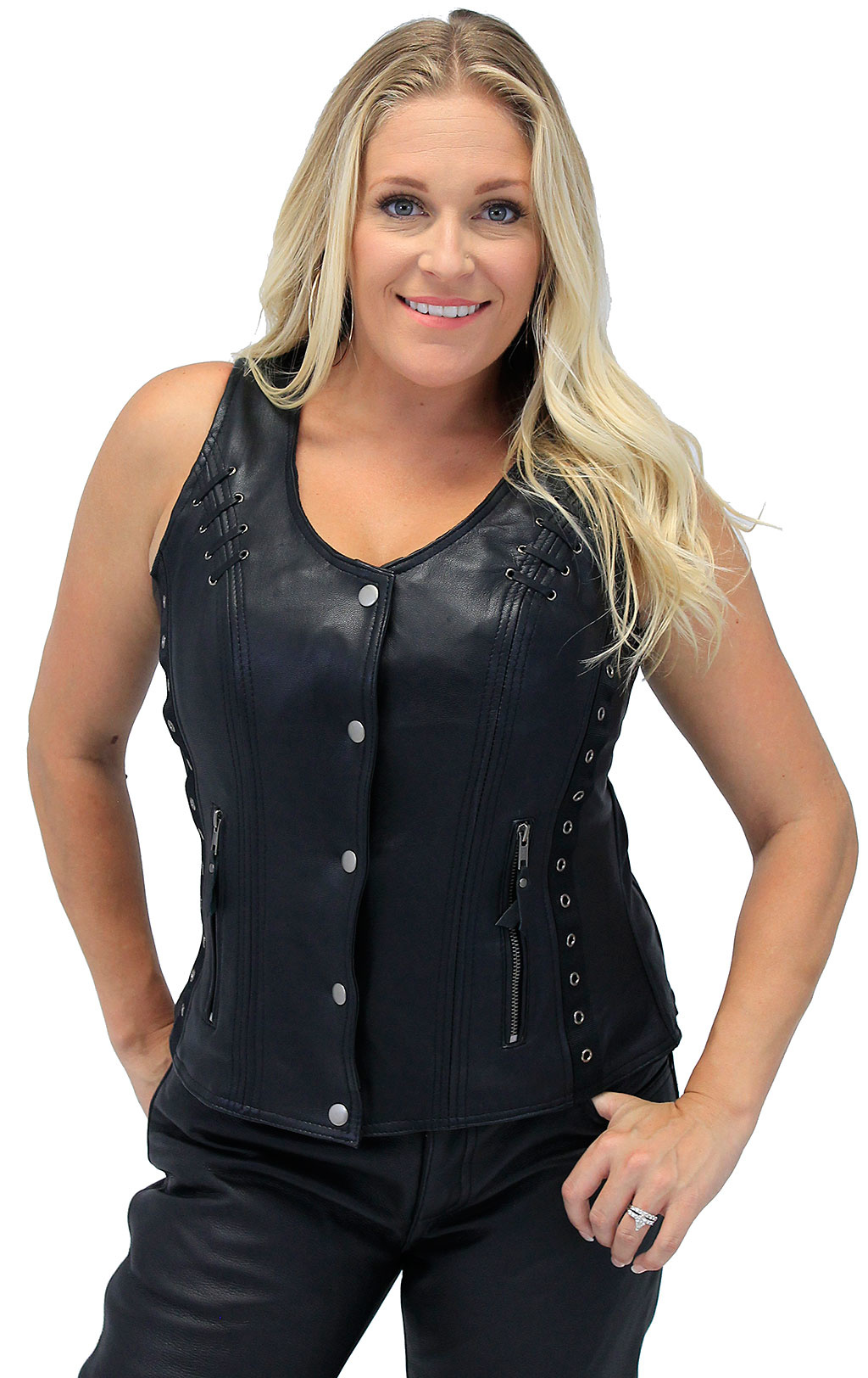 Women's Eyelet Lace Concealed Pocket Black Leather Vest #VL1038EYGK ...