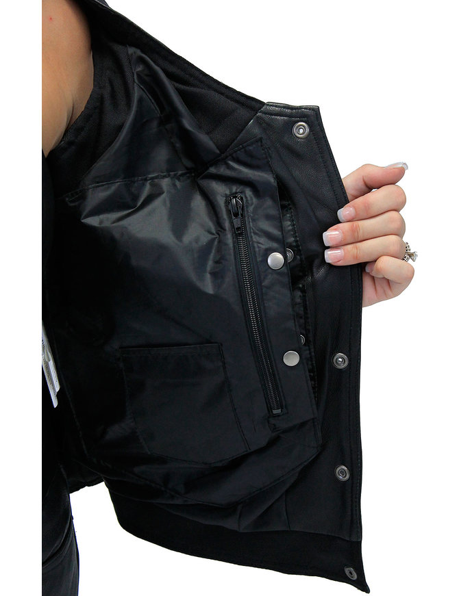 Women's Eyelet Lace Concealed Pocket Black Leather Vest #VL1038EYGK