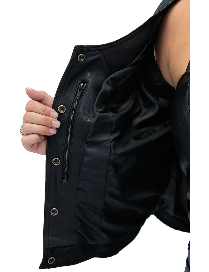 Women's Eyelet Lace Concealed Pocket Black Leather Vest #VL1038EYGK