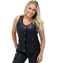 Women's Eyelet Lace Concealed Pocket Black Leather Vest #VL1038EYGK