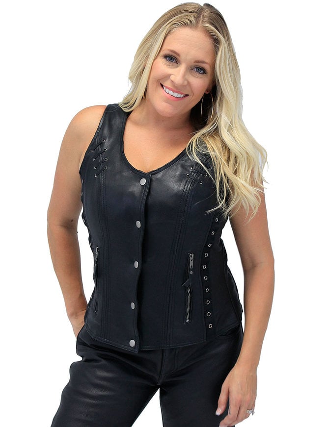 Women's Eyelet Lace Concealed Pocket Black Leather Vest #VL1038EYGK