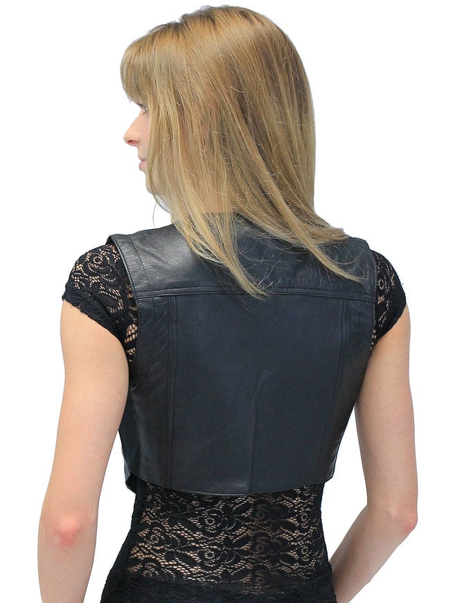 Snap-Up Jean Style Black Leather Crop Vest #VL1110CK