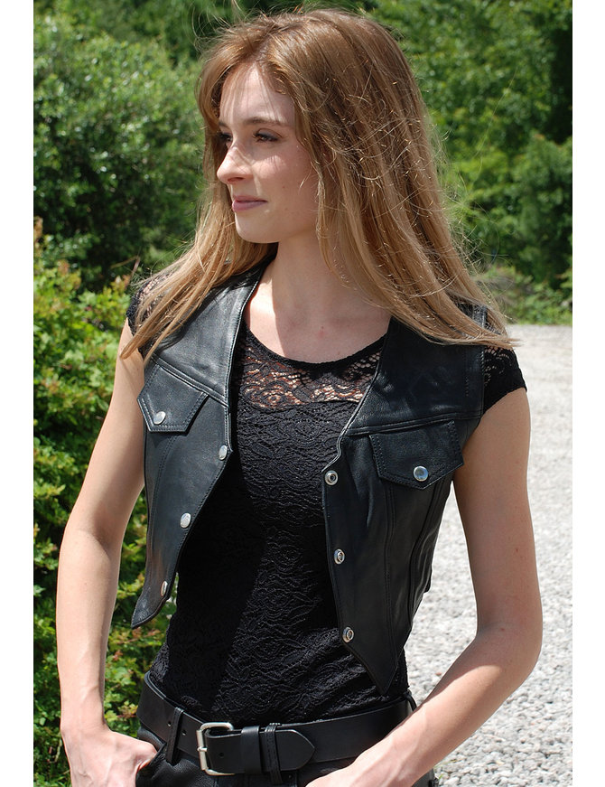 Snap-Up Jean Style Black Leather Crop Vest #VL1110CK - Jamin Leather®