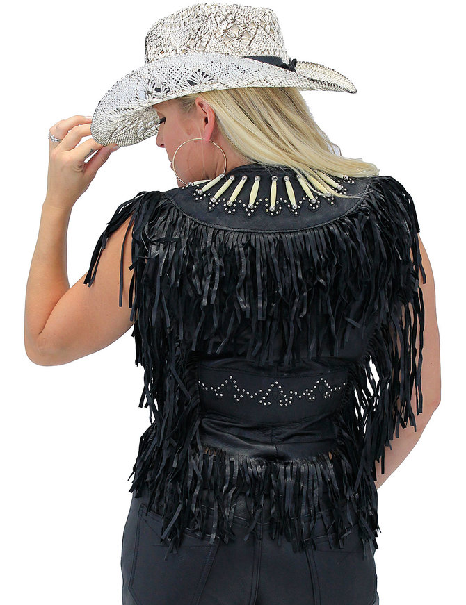 Genuine Bone Studded Fringe Leather Vest #VL4253FBSK