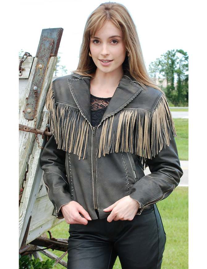 Stormwise Womens Western Fringed Genuine Leather Moto Jacket 