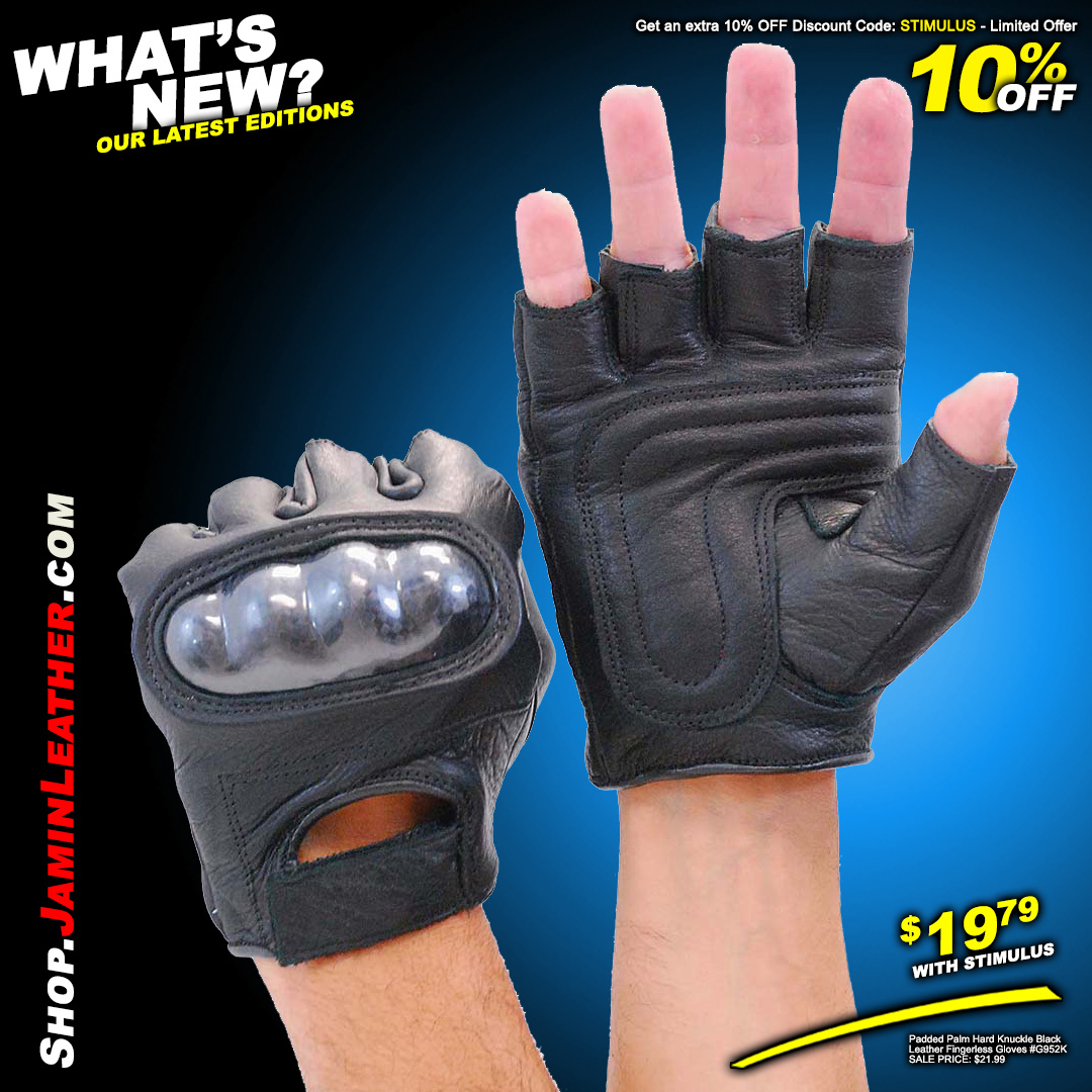 Padded Palm Hard Knuckle Black Leather Fingerless Gloves #G952K - Jamin  Leather®