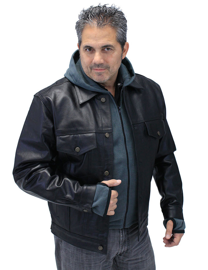 Jamin Leather Men's Hoodie Leather Jean Jacket w/Concealed  Pockets & Hoodie #M1412HK