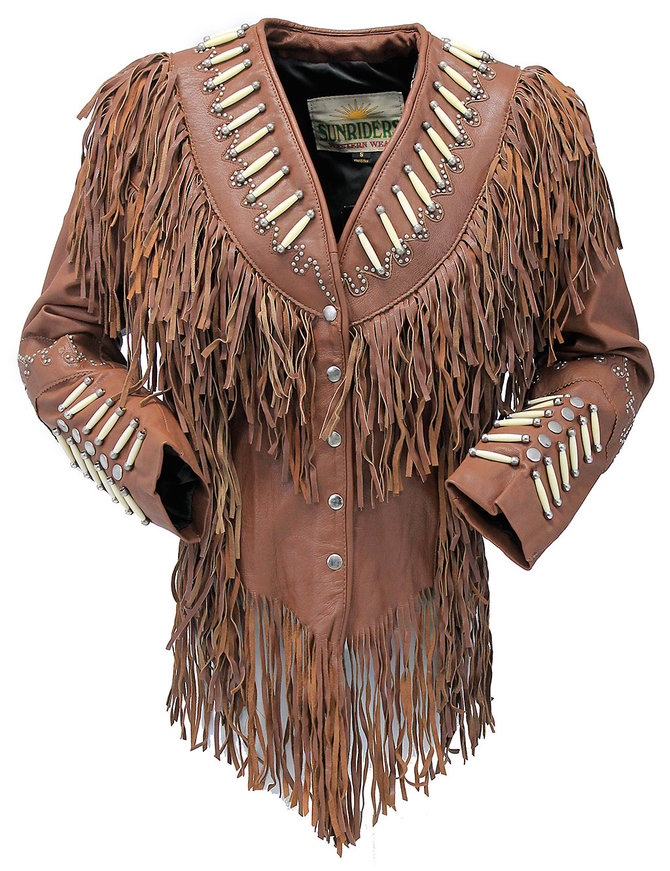 Brown Fringe Jacket w/Bone Beads & Studding #L42521FBN