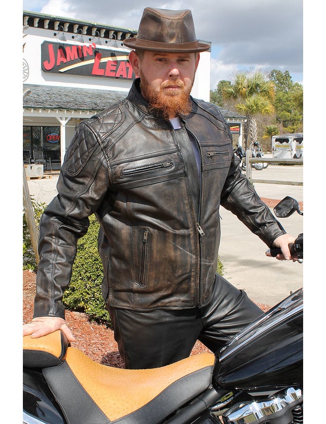 Unik Men's Quilt Panel Vented Vintage Brown Racer Jacket w/CCW Pockets #MA6634VZN