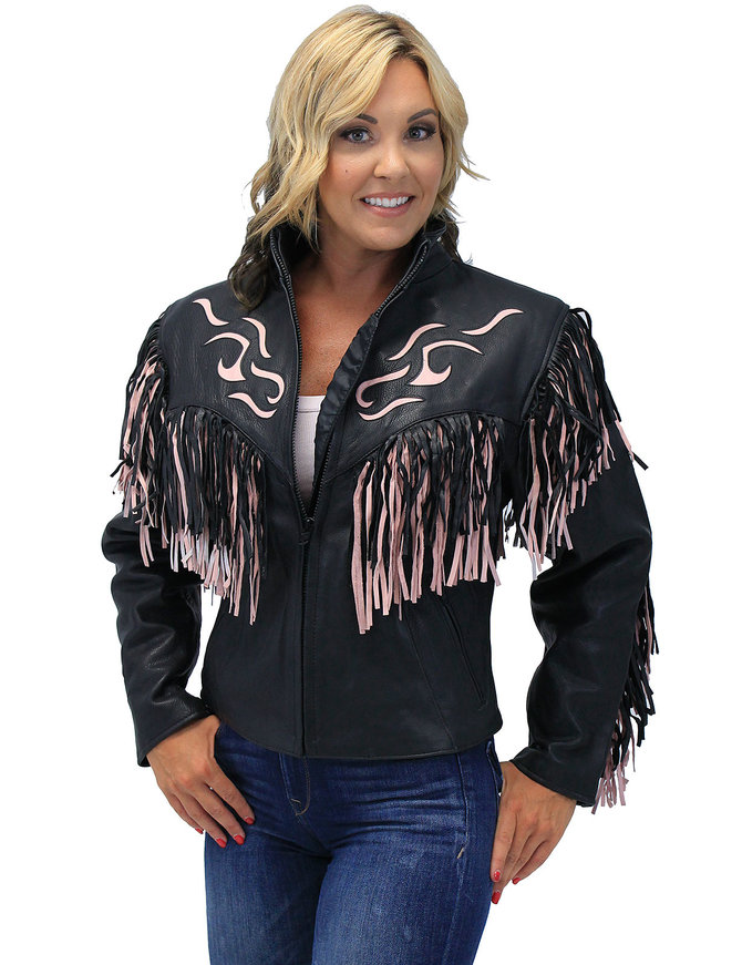 Women's Pink Fringed Leather Jacket with Inlays #L284FTP