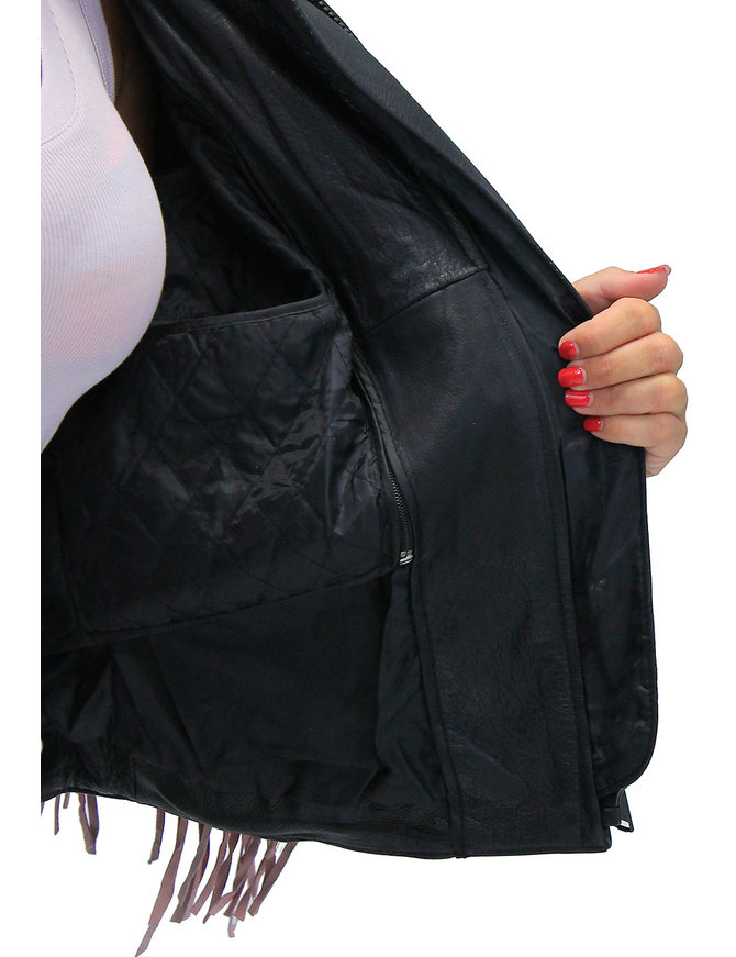 Women's Pink Fringed Leather Jacket with Inlays #L284FTP