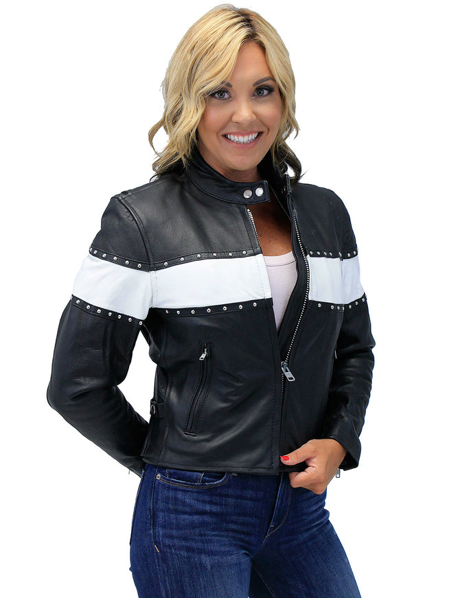 Unik Stud Trim Leather Motorcycle Jacket w/Wide White Stripe #L734SW