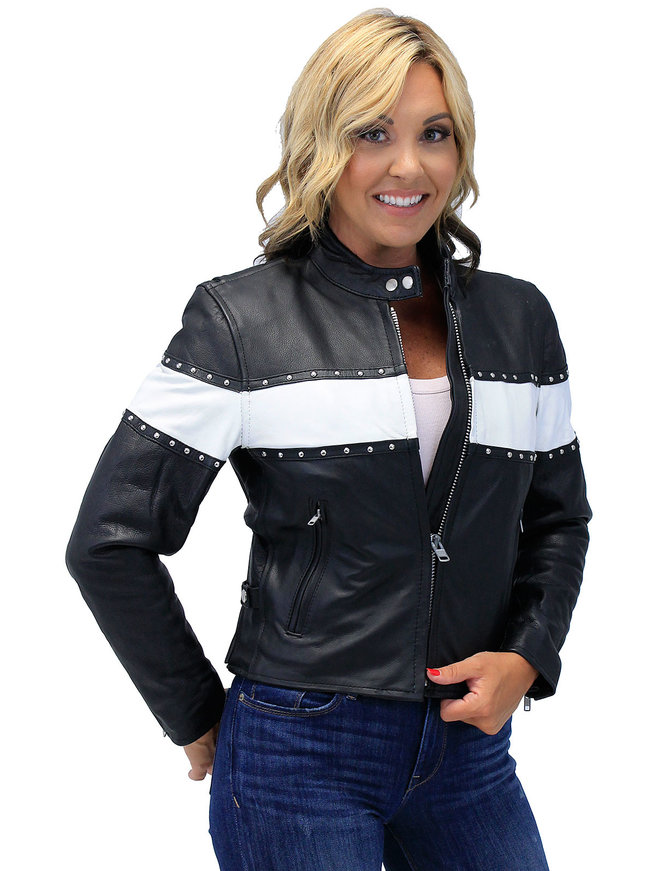 Unik Stud Trim Leather Motorcycle Jacket w/Wide White Stripe #L734SW